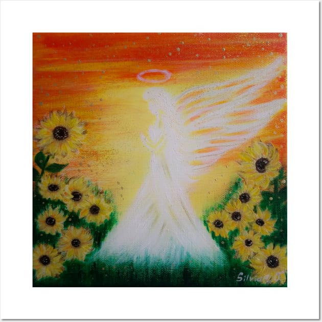 Angel in the sunflower field Wall Art by SisiArtist